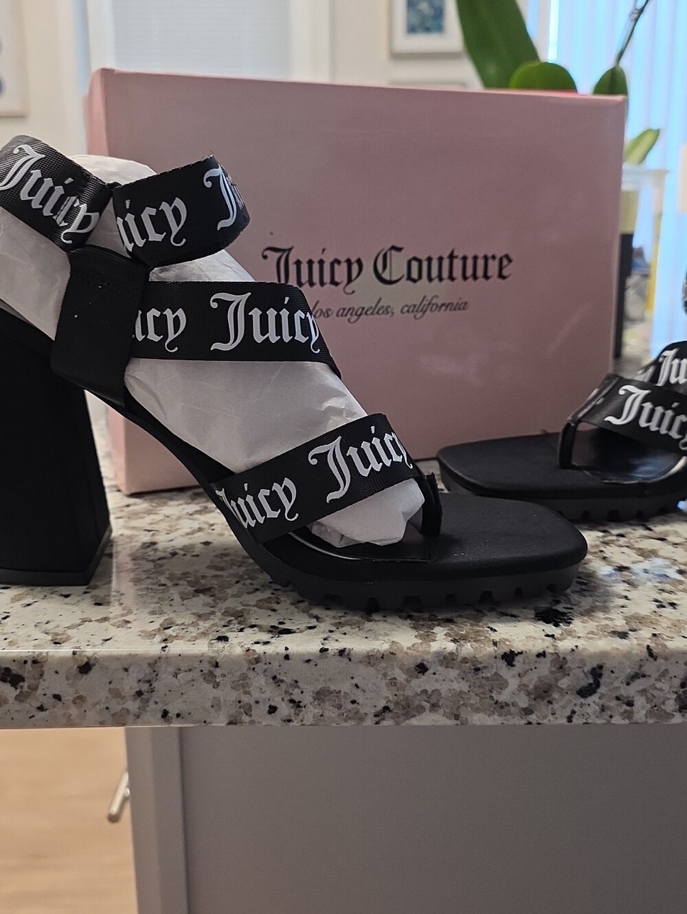 Juicy Couture Black Logo Strap Block Heel Sandals